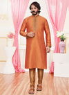 Orange Colour Exclusive Festive Wear Art Silk Embroidery Work Kurta Pajama Mens Collection 38006